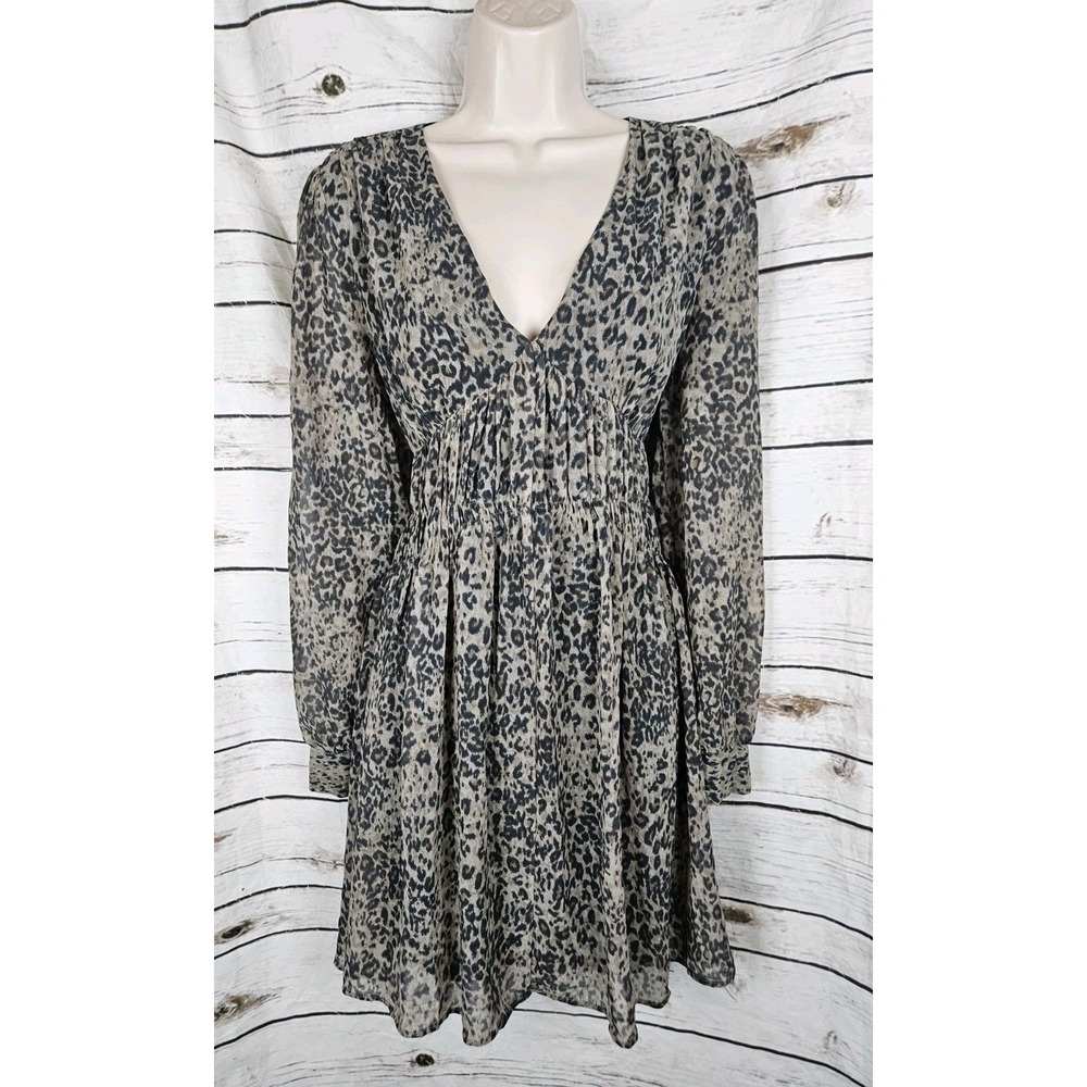 Allsaints Kiana Patch Leopard Animal Dress L Fit & Flare Long Sleeves Babydoll